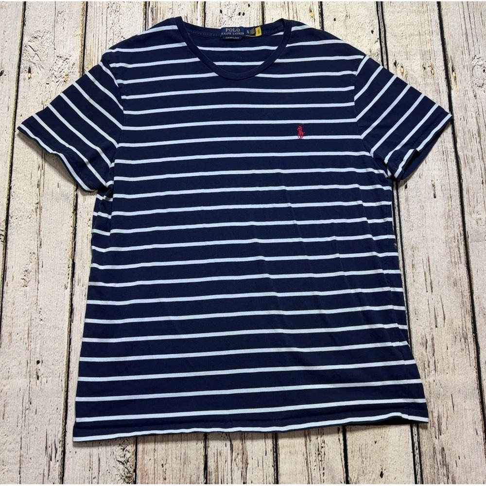 Polo Ralph Lauren Shirt Mens XL Blue Stripe Red Pony Custom Slim Fit 100% Cotton